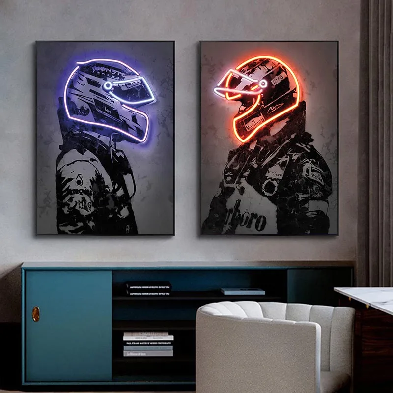 Abstract Ayrton Senna Neon Helmet Wall Art Canvas Painting Motorcycle Racing Posters and Prints Sport Picture for Home Bar Decor