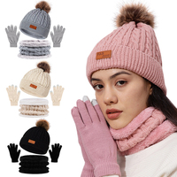 3Pcs/Set Women Winter Hat Scarf Gloves Faux Fur Ball Teenager Girls Knitted Beanie Neck Warmer Suit Warm Ears Woman Cap Set