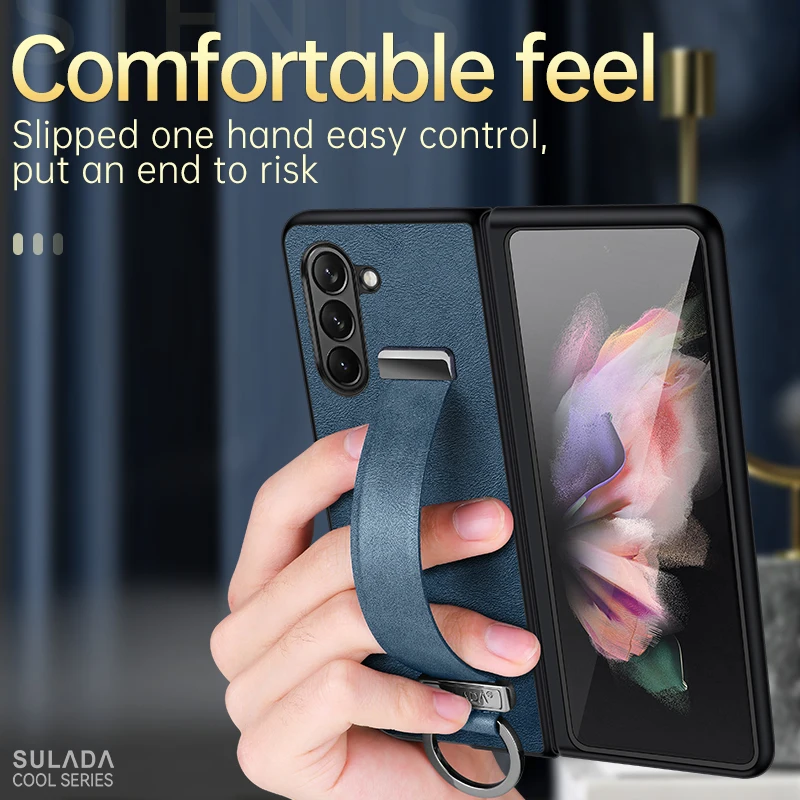 

Luxury Pu Leather Case For Samsung Galaxy Z Fold 5 4 3 2 Case With Portable Wristband Kickstand Metal Ring Hand Strap zfold6