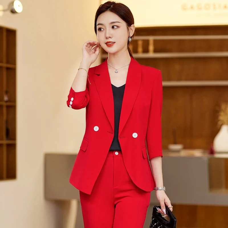 

Half Sleeve Women Business Work Wear Suits with Pants and Jackets Coat OL Styles Professional Pantsuits Trousers Set Blazers