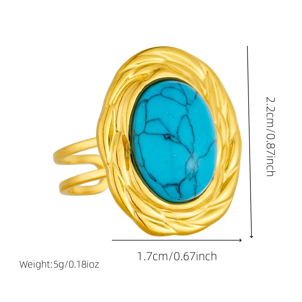 DIEYURO 316L Stainless Steel Golden Elliptical Inlaid Turquoise Pendant Necklace Earrings Ring Set Womens Fashion Jewelry Gift