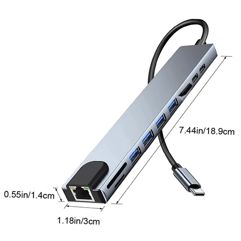 10-in-1 USB-C Hub, 4K HDTV Video Output, PD 100W, RJ45 Ethernet, USB 3.0, USB 2.0, SD TF Card Reader, Multiport Adapter