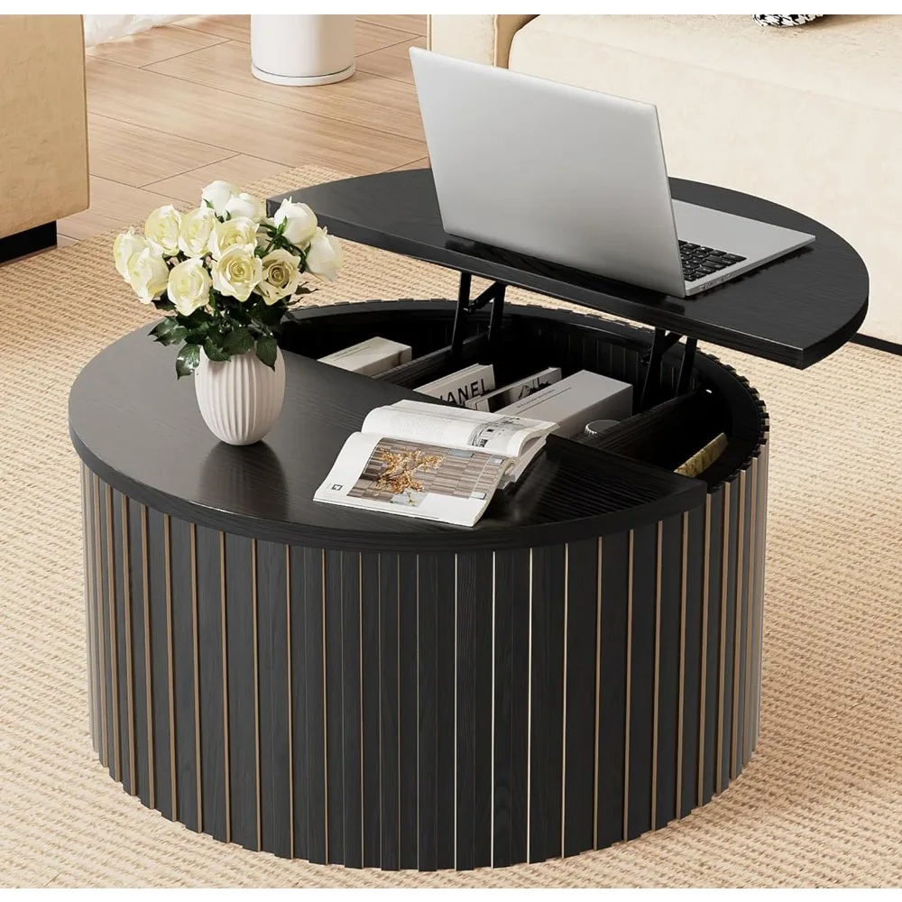 طاولة قهوة مع مساحة تخزين، طاولات قهوة مستديرة للمزرعة مقاس 31.5 بوصة لغرفة المعيشة، طاولات مركزية خشبية حديثة مع