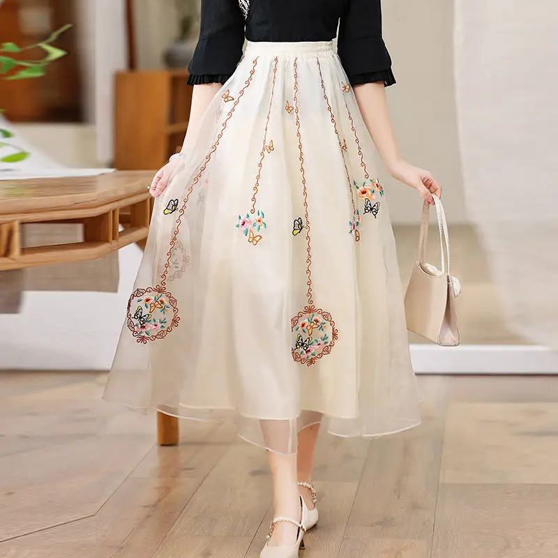 Vintage Chinese Style New Summer Women\'s Embroid Patchwork Elastic Waist Temperament Elegant Versatile Mid Length A-line Skirts