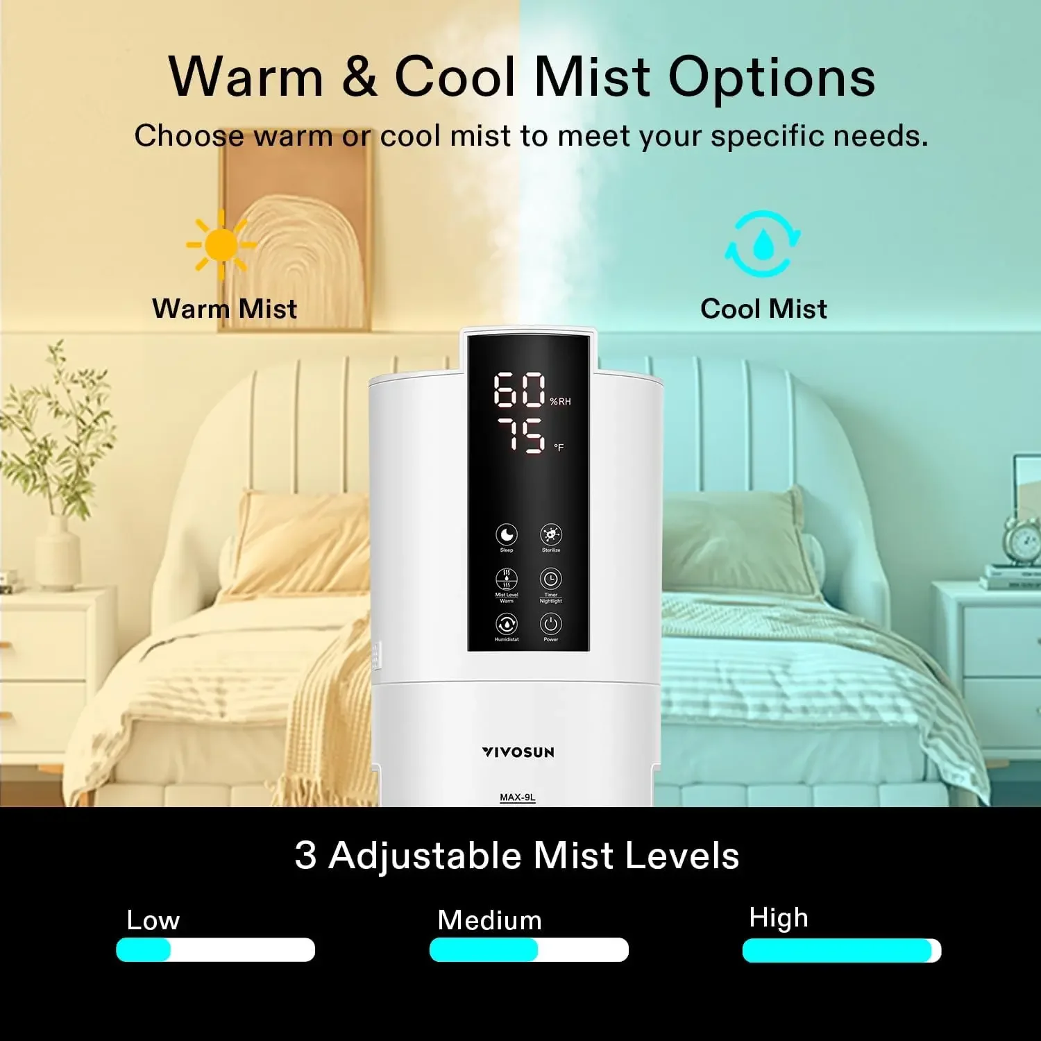 9L Air Humidifier, 2-in-1 Top Fill Cool & Warm Mist Humidifier, Indoor Ultrasonic Humidifier with Essential Oil Box & Re