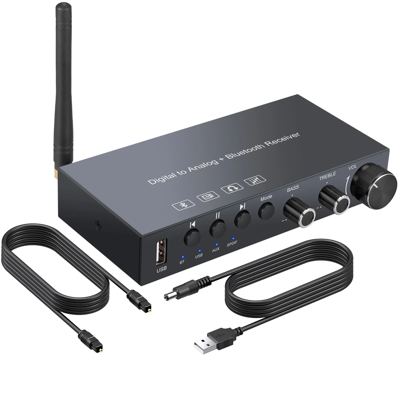 192KHz Bluetooth-Compatible Digital to Analog DAC Converter Toslink AUX to 3.5mm Jack with USB Volume Treble Bass Control