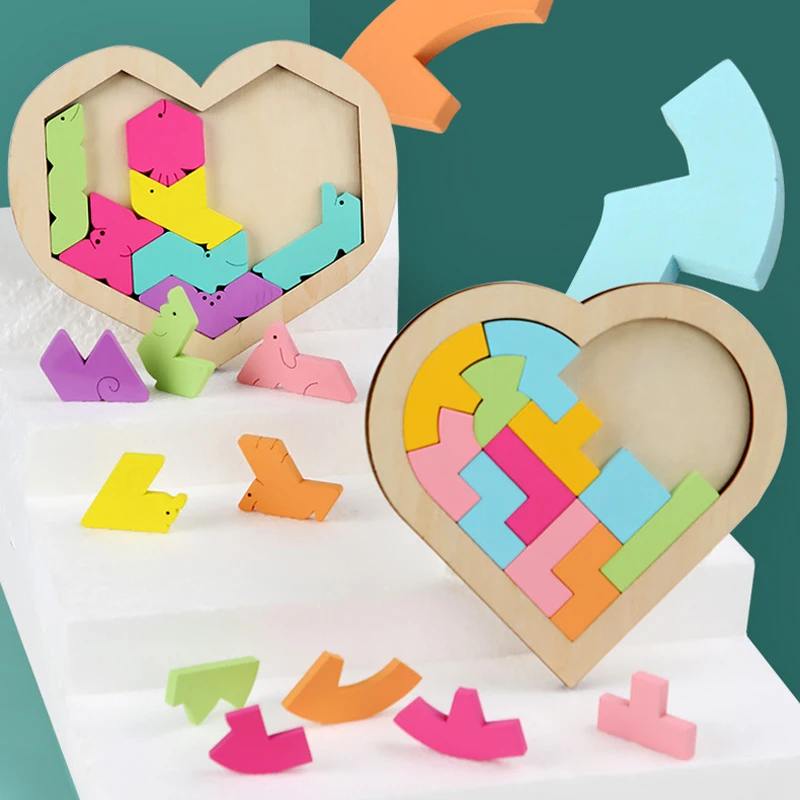 Drewniana gra logiczna dla dzieci 3D Kolorowa układanka Tangram Zabawki matematyczne Kształt serca Zabawki edukacyjne dla dzieci Montessori