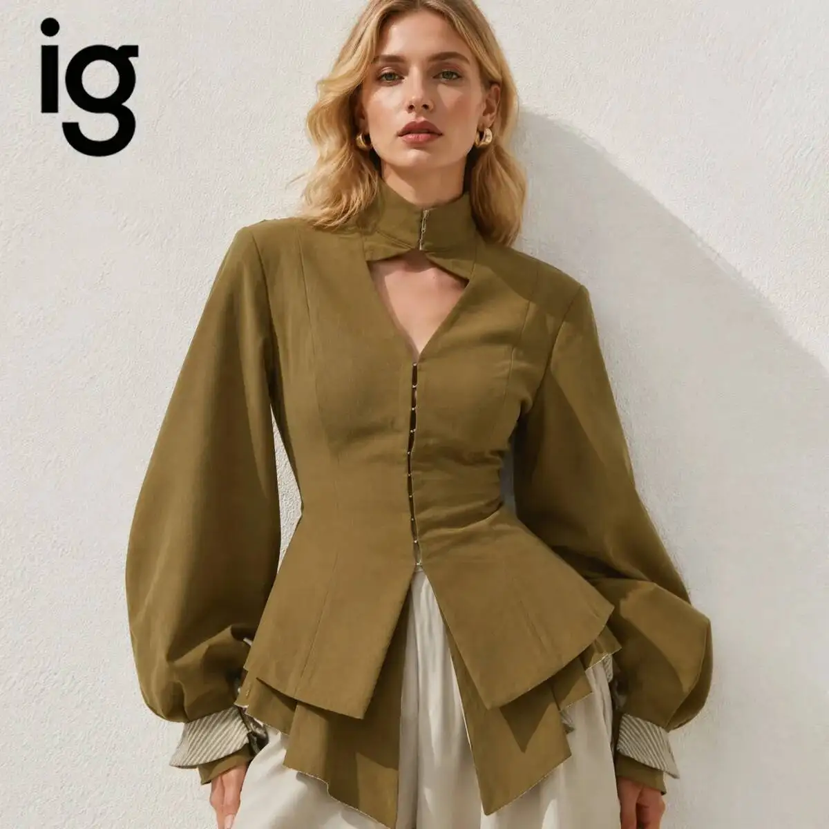 Women Elegant Fitted Blazer Stand Neck Puffy Long Sleeve Back Corset Tie Slim Fit Peplum Coat Removable Striped Decorative Hem