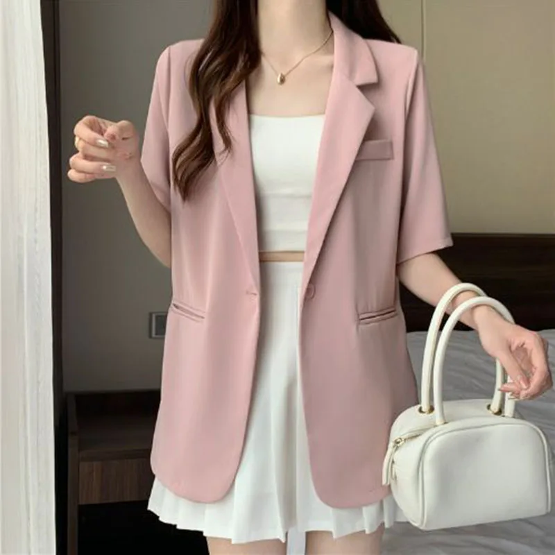 Thin Suit Jacket Women 2024 Summer Casual All Match Single Button Coat Woman Korean Style Loose Balck White Short Sleeve Jackets