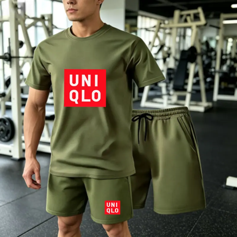 Men's motorcycle casual sports set 2-piece summer short sleeved T-shirt+drawstring shorts breathable sports cycling jogging suit 3