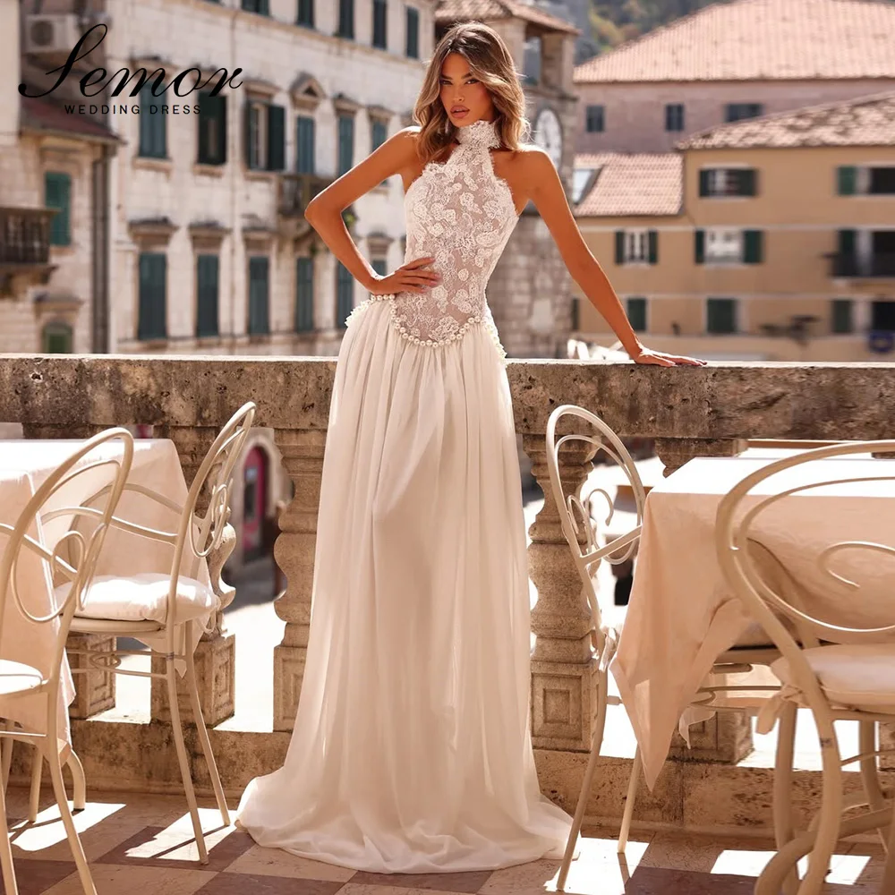 Semor Exquisite Lace Chiffon Wedding Dresses with Pearls A-line Halter Sleeveless Bridal Gowns Bohemia Robe De Mariée Customized