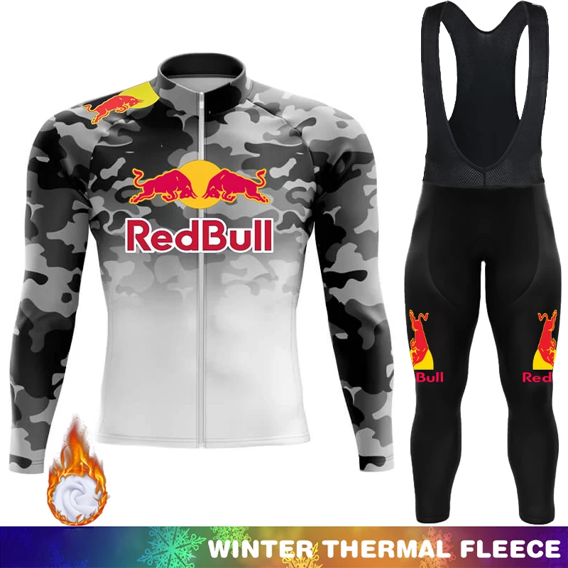 

Red Bull Road Bikes Winter Thermal Fleece Cycling Jersey Man Men's Clothing Bib Maillot Suit Triathlon Bicycle Set Cycle Jumper