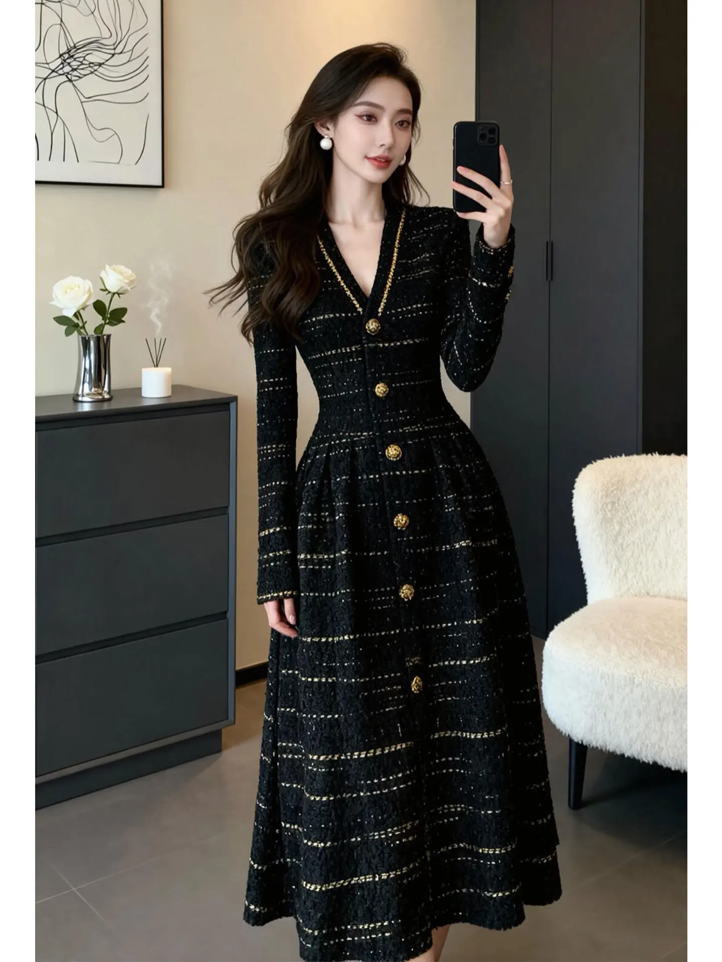 

Элегантное хлопковое платье с длинным рукавом и эффектом утончения талии для весны и осени, для повседневной носки и офиса.