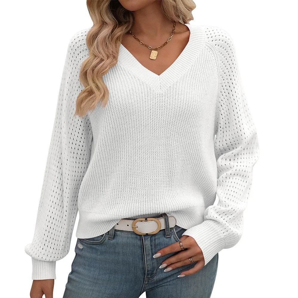 

2025 Autumn/Winter New Women's Top Sweater Knitted Hollow Head Solid Color V-neck Loose Long Sleeve Fashion White Sweaters
