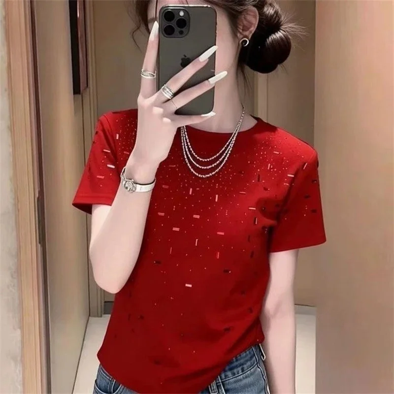 

Round Neck Gradient Rhinestone Short Sleeve T Shirt Women Loose Elegant Summer Tops