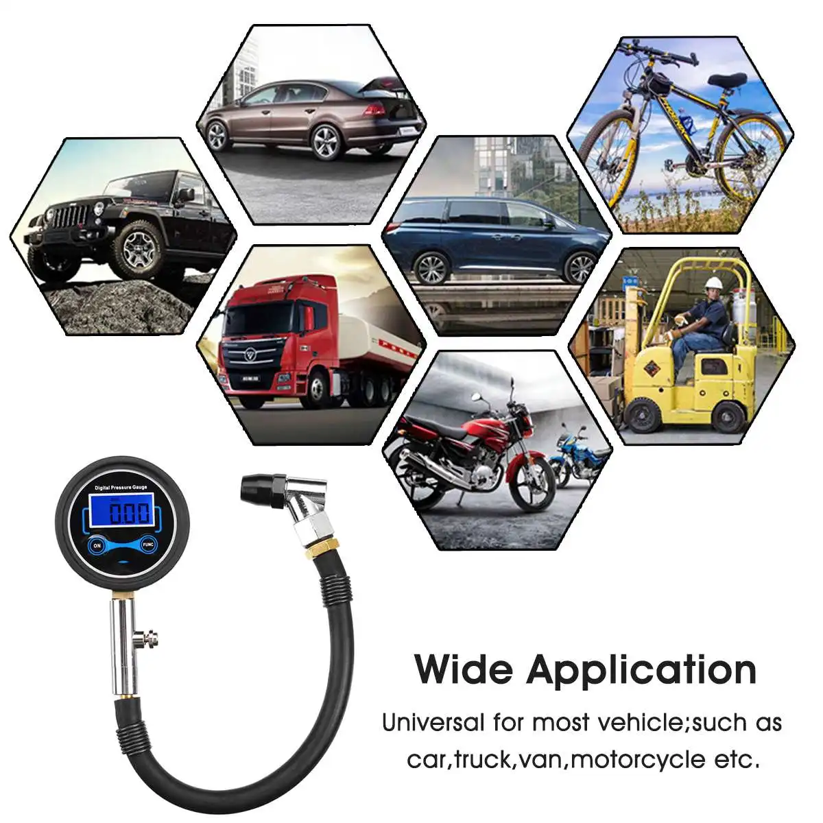 200PSI Multi-function Car Truck Air Tire Inflator Digital Pressure Gauge with Air Chuck & Hose