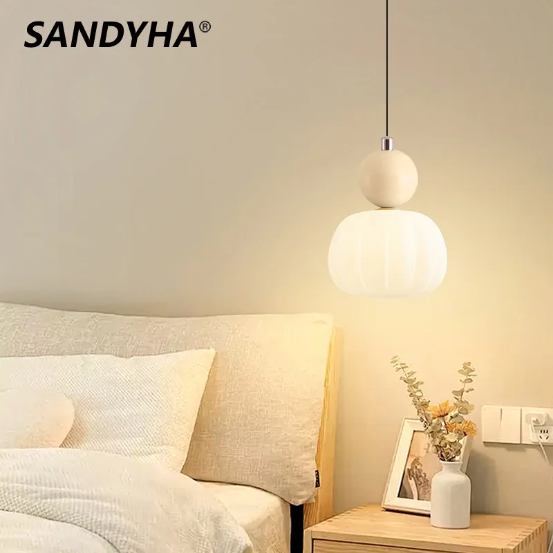 

Modern Cream Style Pendant Light Pumpkin Adjustable Led Hanging Lamp Decor Bedroom Bedside Dining Room Small Ceiling Chandelier