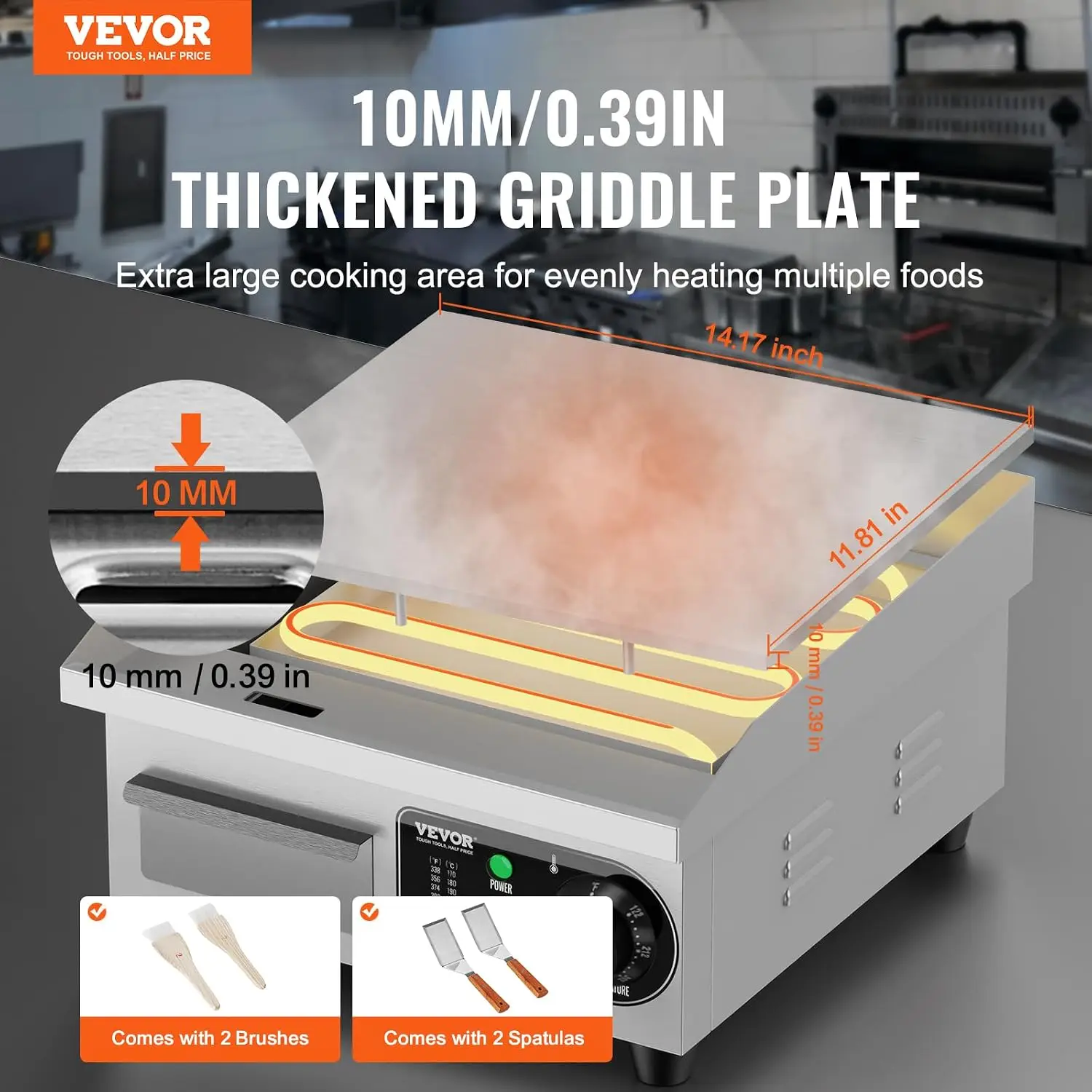Commercial Electric Griddle, 1700W Countertop Flat Top Grill, 14in Stainless Steel Griddle Grill with 2 Shovels and 2 Brushes fo
