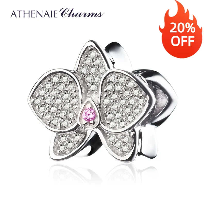 ATHENAIE 925 Sterling Silver with CZ Orchid Bead Charms MOM Pendant Beads Fit Charm Bracelet Jewelry Accessories