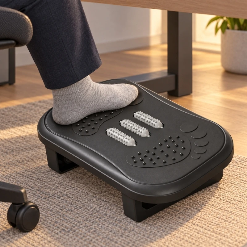  Office Desk Footrest with Rolling Foot Contact and Angled Support for Desk Work
