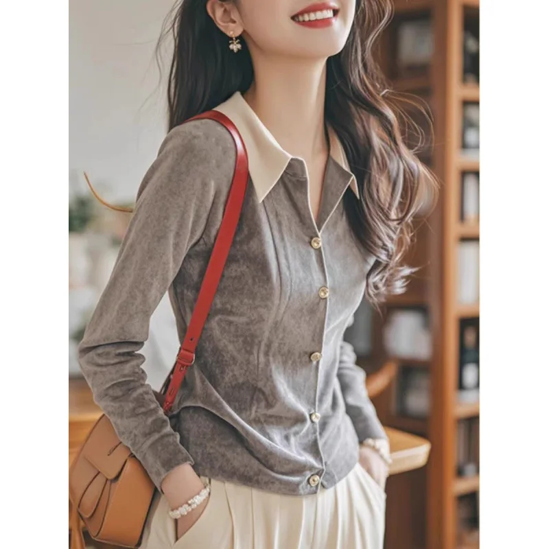 BOWEYLUN French Style Velvet Long-sleeved Shirt Women Spring and Autumn Commuter Solid Color Lapel Shirt Cardigan Female