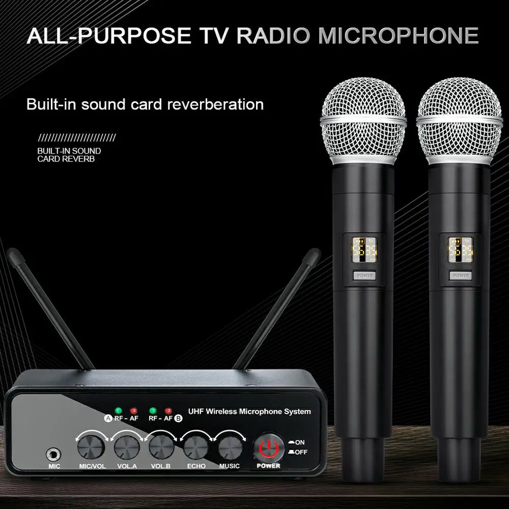 Wireless Karaoke Microphone UHF 2 Channels Adjustable Frequency for Party Show Church Wedding Teaching