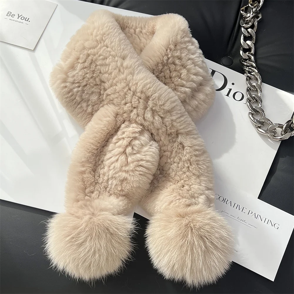 

Real Rex rabbit braided scarf solid color warm double-sided thick fur bib neck fox fur ball collar scarf real fur handmade