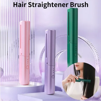 Image Cordless Hair Straightener Brush Anti-Scald 70Mins Long Battery Life USB Rechargeable Hot Comb Hair Straightener for Home Travel