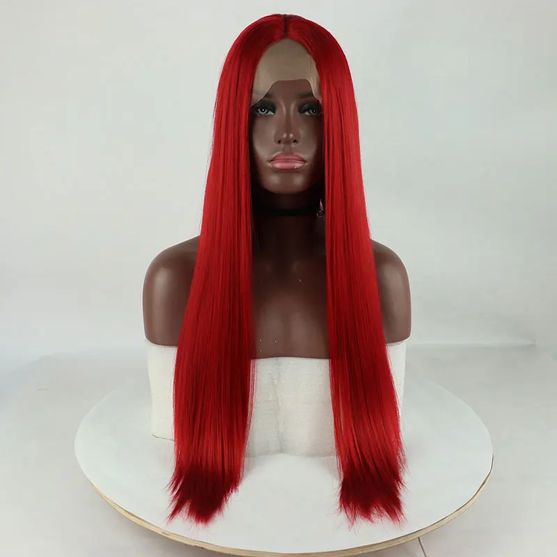 Wig renda depan 13x4 sintetis lurus merah anggur gelap kualitas tinggi rambut serat tahan panas garis rambut alami untuk Cosplay wanita