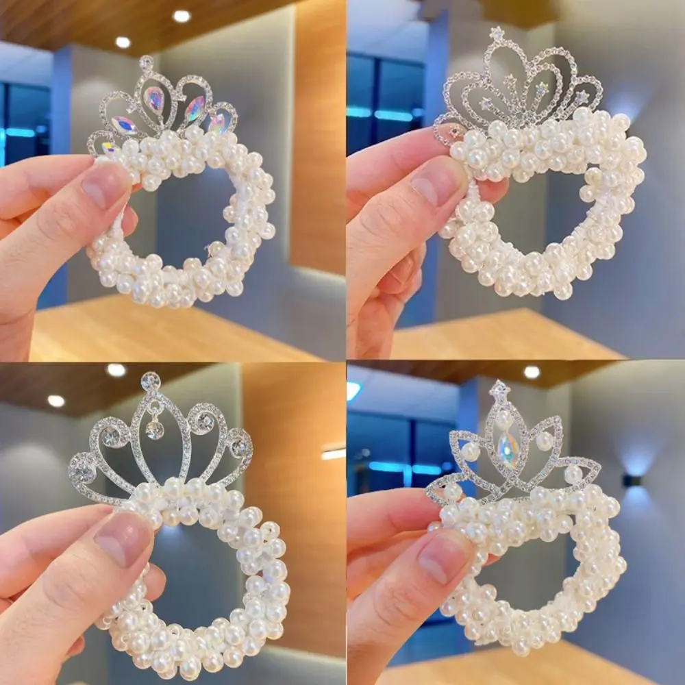 Fashion Pearl Crown Princess Hair Bands Elastic Rubber Bands Children Ball Hair Bun Ties Hair Styling Accessories