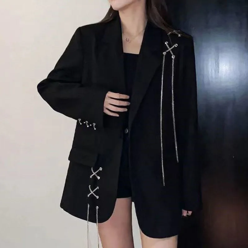 2024 Spring Women Jackets Black Gothic Punk Hip Hop Solid Vintage Blazer Coats Chic Chain Loose Jacket Streetwear