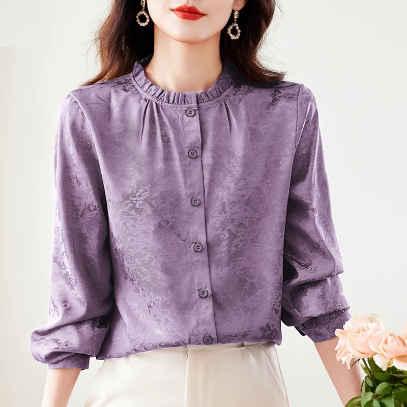 

Classic Vintage Jacquard Satin Shirt For Women Lightweight Simplicity Style Blouses Female Casual Tops For Spring Summer