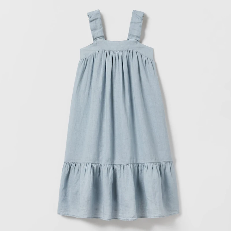 Girls Cotton And Linen Sleeveless Straps Dress Summer New Ruffled Hem Casual Vacation Backless Linen Dresses