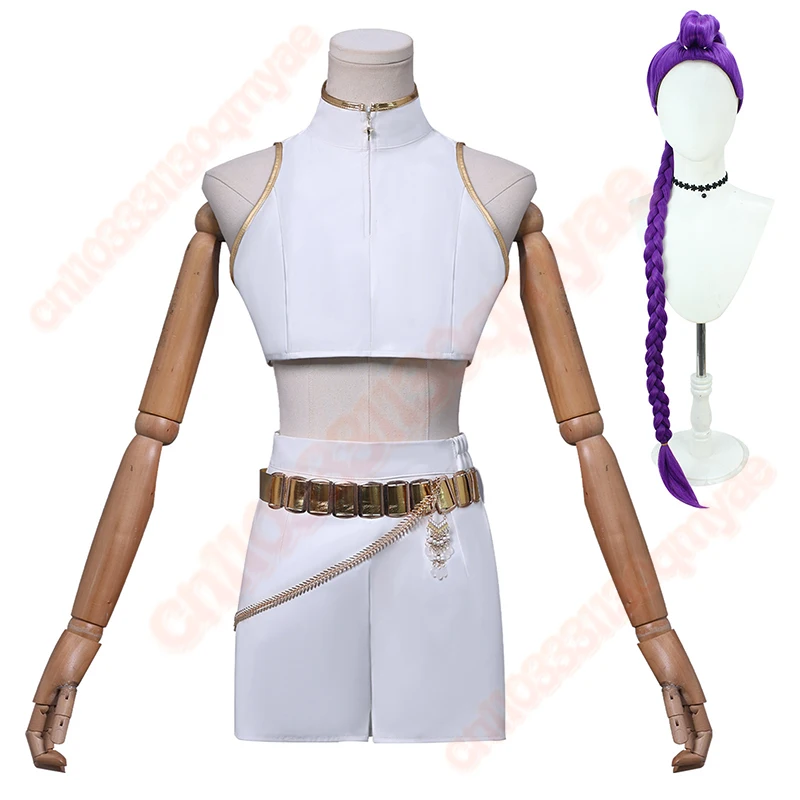 애니메이션 K팝 데몬 헌터 코스프레 의상 세트, 섹시한 조이 루미 미라 가발 포함, 파티 무대 공연 카니발용 흰색 유니폼