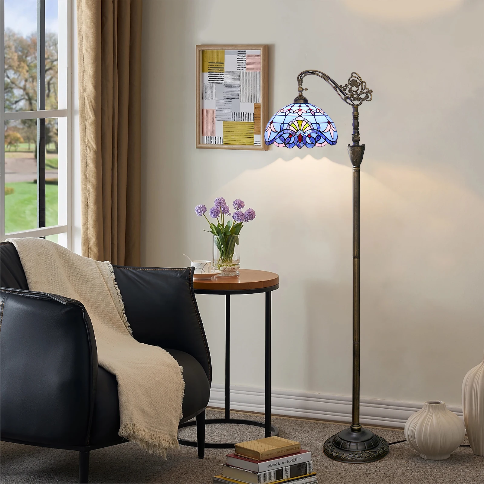 Tiffany Style Blue Baroque Stained Glass Reading Light Adjustable Arched Goose Neck Antique Floor Lamp for Living Room Bedroom