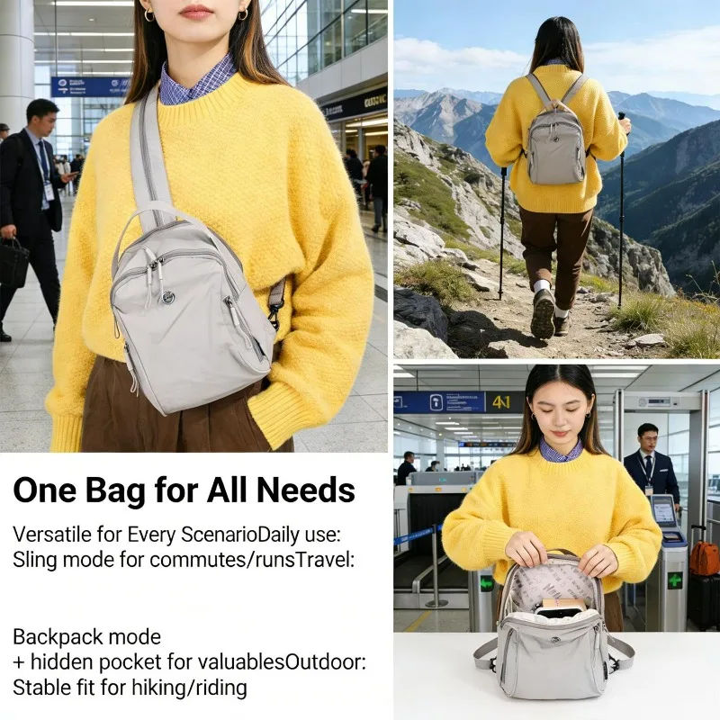 Lightweight Nylon Backpack Convertible Sling Bag Crossbody Shoulder Bag Waterproof Anti Theft Multi Pocket Daypack Travel Hiking