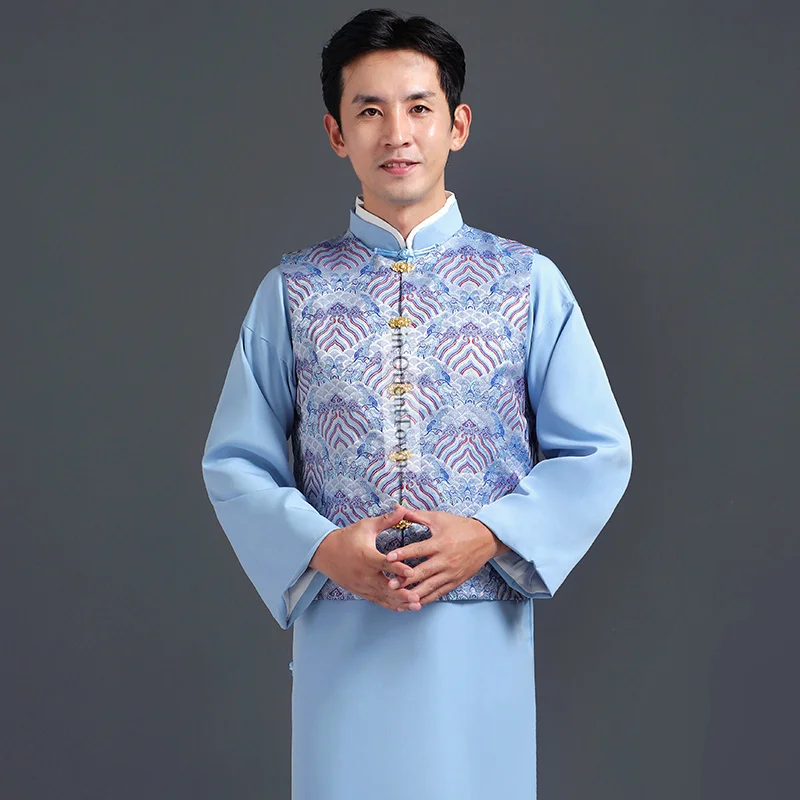 Chinese Cross Talk Attire Groom Red Robe Suit in OrientTown Traditional China Costume Men's Clothing Vest + Blue Long Gown TP095 view 6