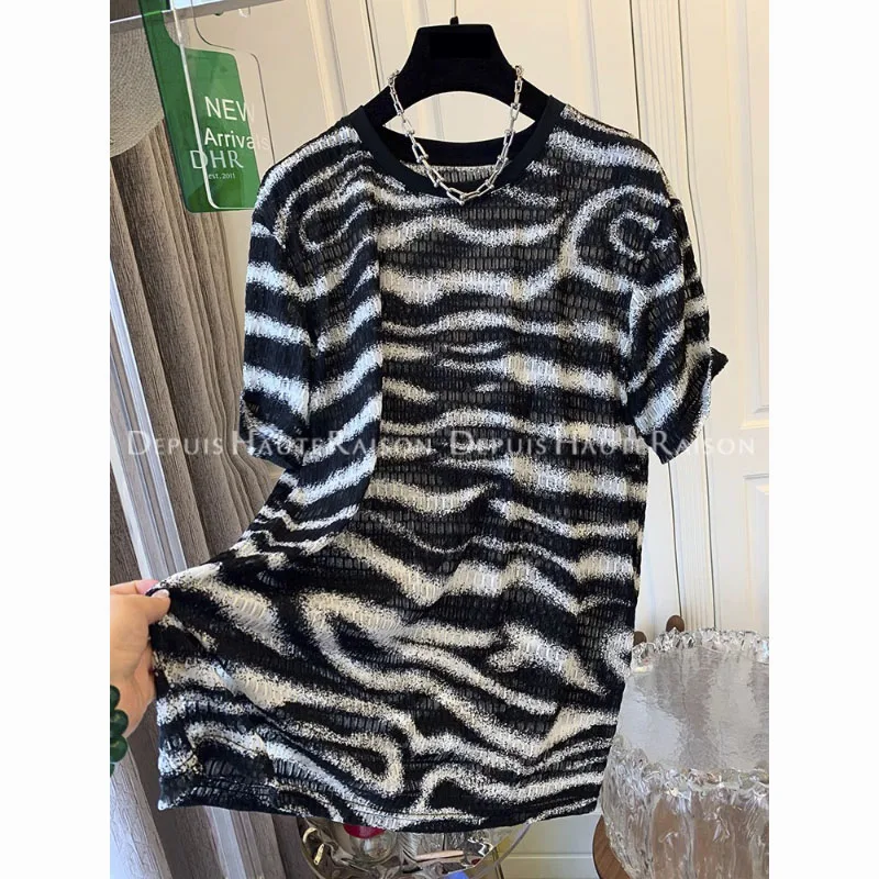 

Zebra Print Plus Size Mom Short Sleeve T-shirts Girls Heap Wrinkled Tshirts Folds Tops For Women 2023 Summer