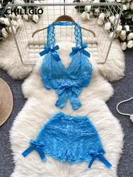 CHILLGIO Elegant 2-piece Sets for Women Y2K Sexy Lace V-Neck Halter Tops+Hight Waist Tight Shorts Summer Matching Sets Vacation