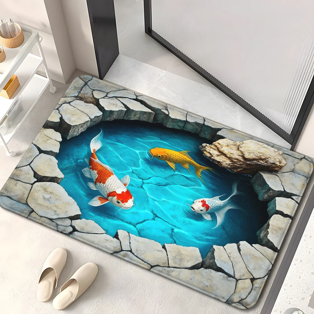 Non-Slip, Illusion Pond Koi Doormat, for Bathroom, Bedroom, Living Room Entrance, Bath Mat, Serene Design, with Fish Decoration
