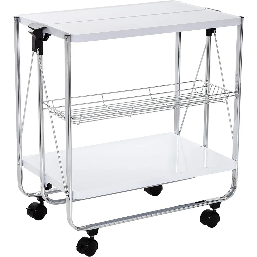 Modern Folding Kitchen Cart with Wheels and Metal Basket