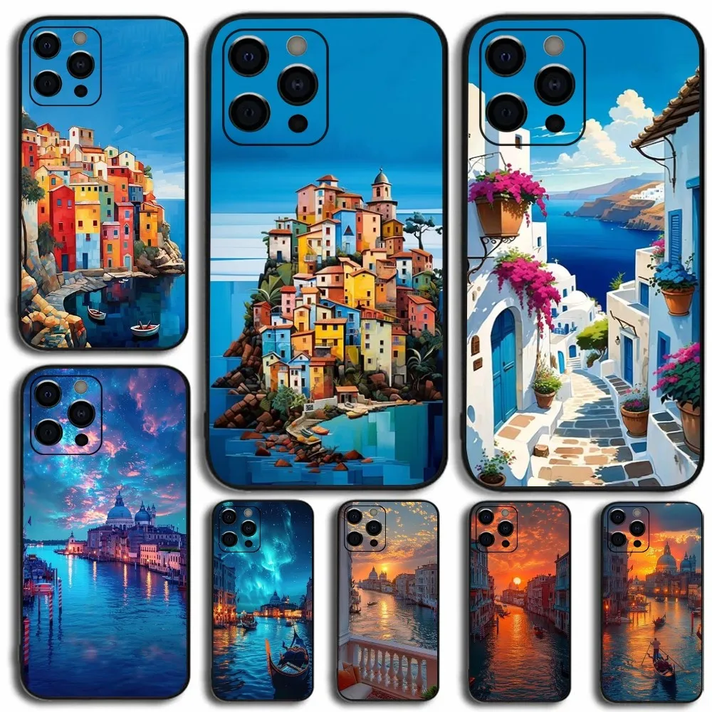 حافظة هاتف Street Venice من إيطاليا للسفر لهاتف Apple iPhone 15,14,13,12,11,Pro,X,XS,Max,XR,Plus,Mini Soft Black Cover