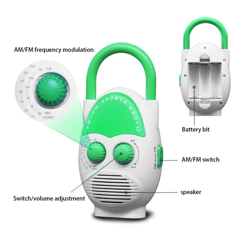 Mini AM FM  Portable Shower Radio Waterproof Speaker Bathroom Radio Adjustable Volume Insert Card