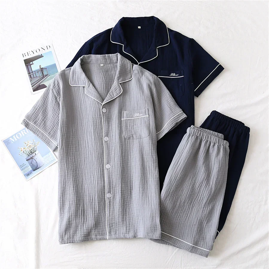 Japanese summer couple womens pajama sets solid cotton ladies sleepwear casual short-sleeved shirt shorts pajamas Men Homewear