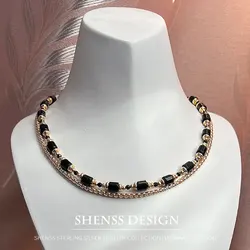 Collar de obsidiana Natural personalizado con circonita negra chapada en cobre, accesorios de oro de 14 quilates