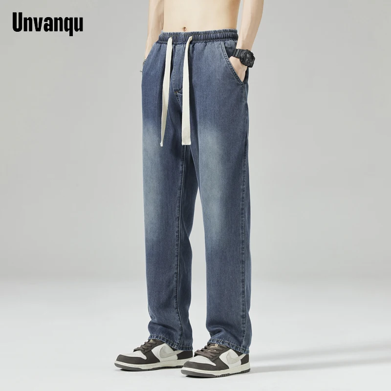 Unvanqu Harajuku Street Simple Elastic Waist Wide Leg Lyocell Tencel Jeans Men\'s Loose Straight Summer Thin Fashion Casual Pants