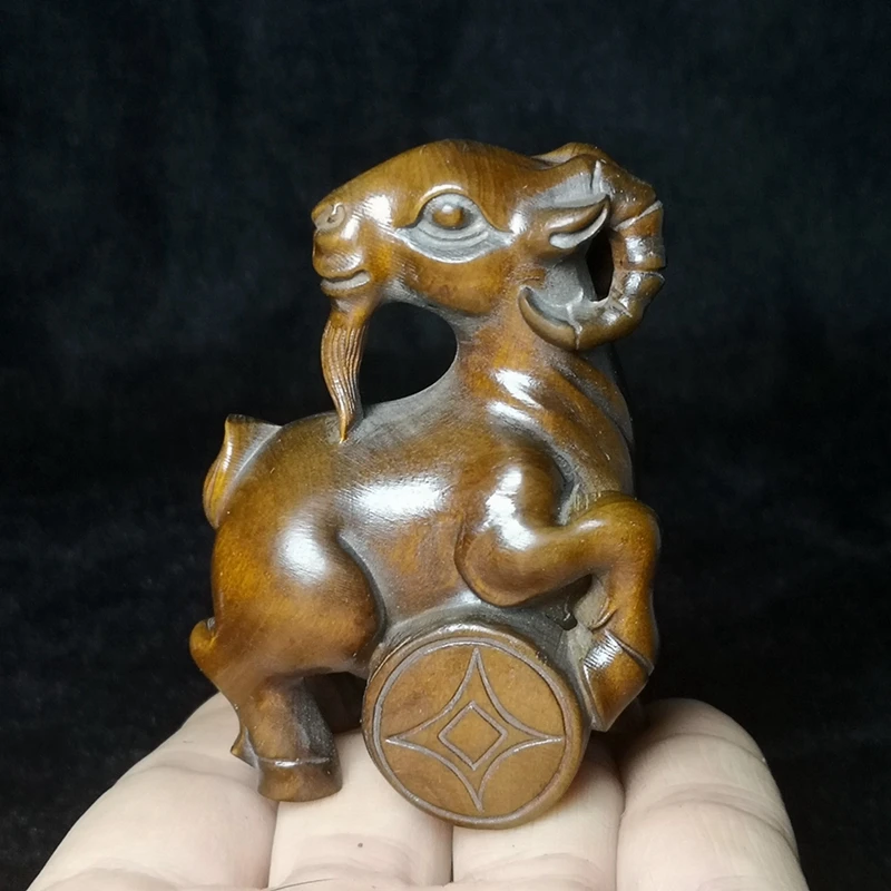 

1919 Antique art Size 2.7 Inch Chinese wood Boxwood Hand Carved sheep coin Figure Statue netsuke desk Decoration gift Collection