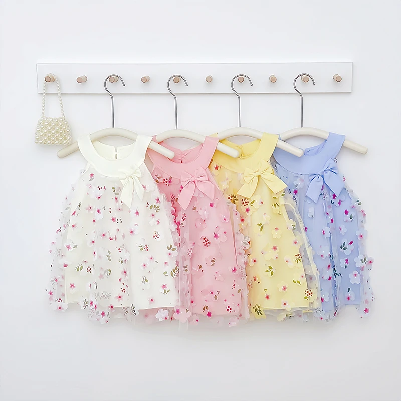 طفلة فستان الصيف زهرة القوس أكمام فتاة فستان لطيف شبكة فتاة فستان الأميرة ملابس الطفل فتاة ﻿