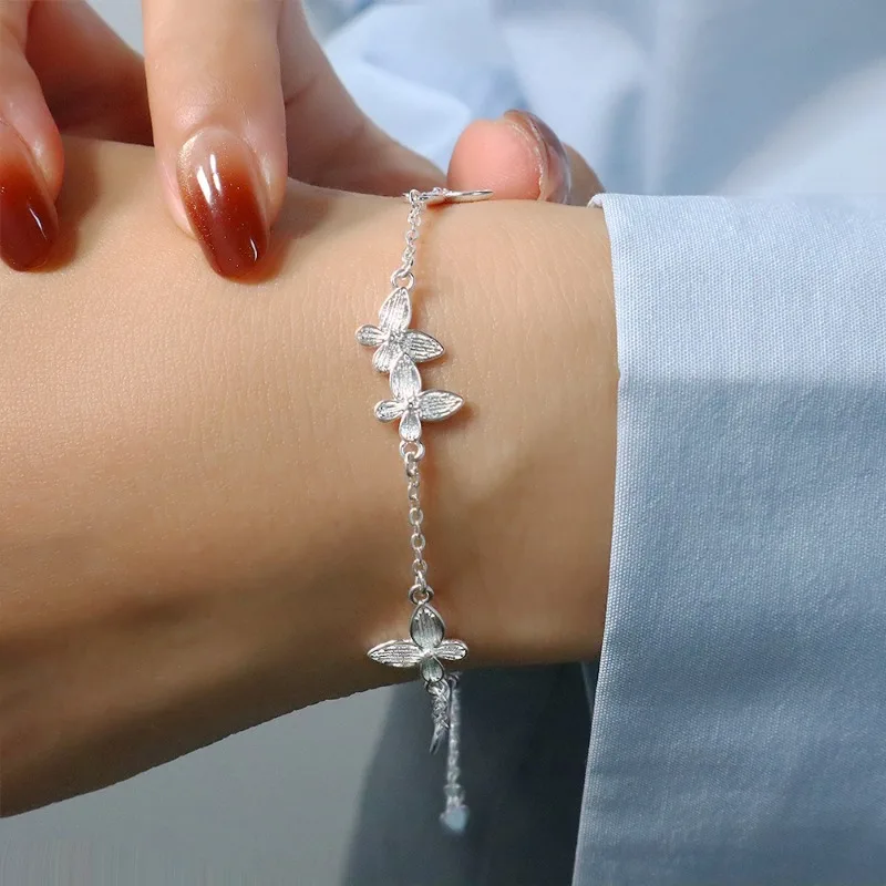 

925 Sterling Silver Geometric Retro Frosted Butterfly Lines Bracelet for Women Fine Jewelry Minimalist Accessories Wholesale