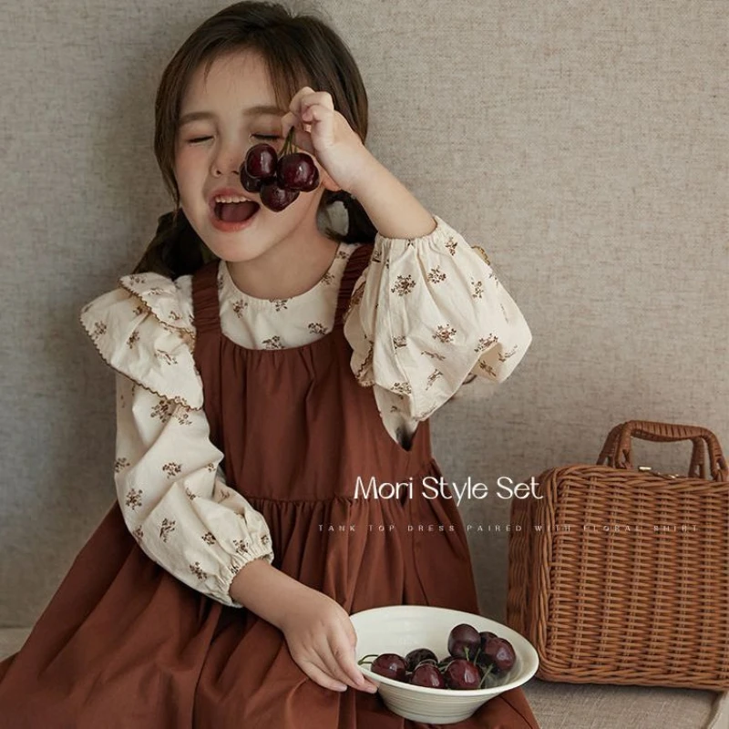 Girls' Dress Autumn New Item Popular Floral Shirt for Little Girls Retro Two-piece Set Maillard Dress